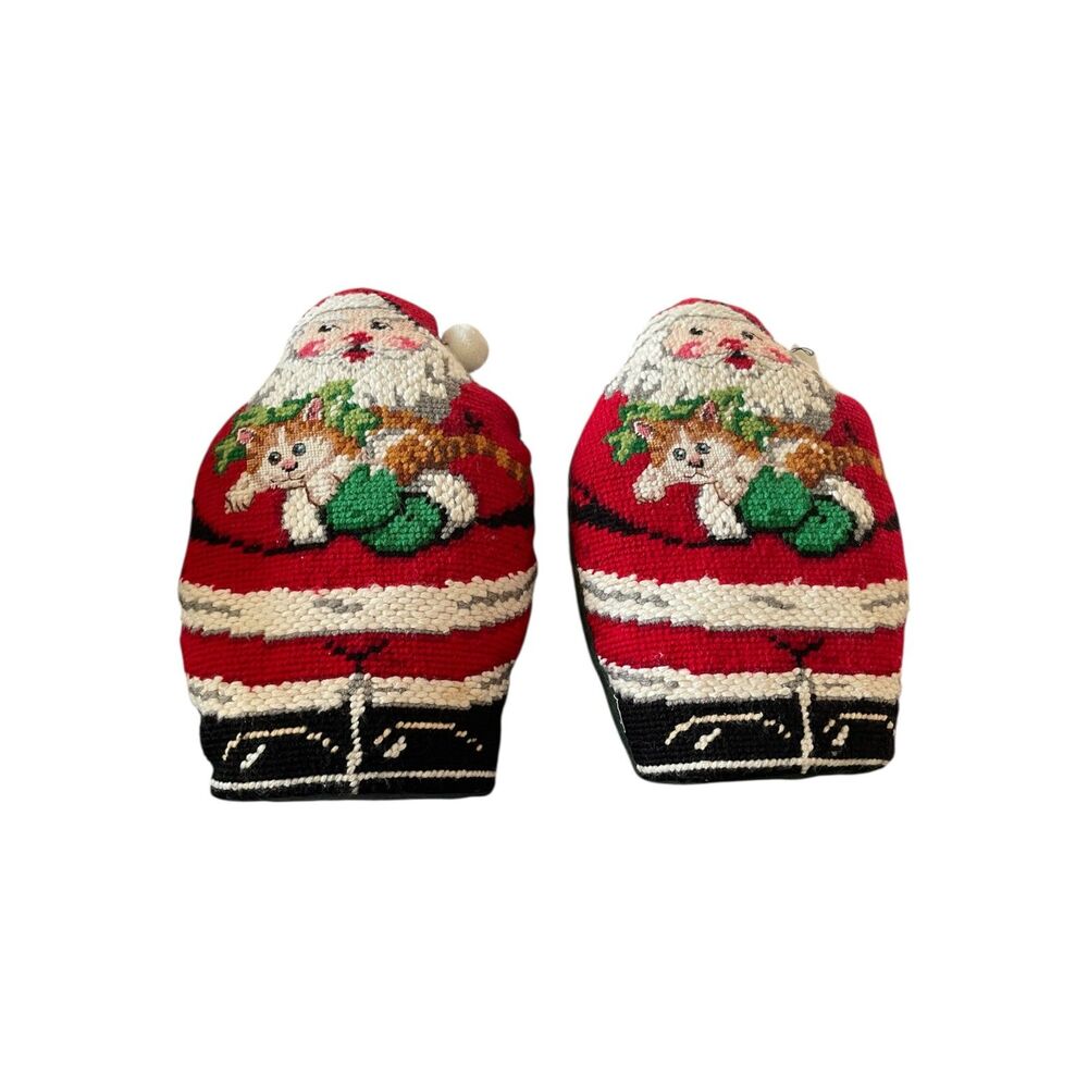 2 Vintage Figural Santa Claus Christmas Needlepoint Stand Up Pillows Doorstop